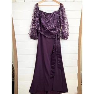Eliza J Purple Sheer Floral Lace Sleeves Off Shoulder A Line Evening Dress 16W - Picture 1 of 12