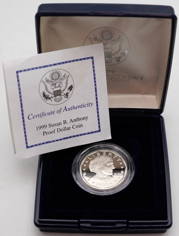 1999 P US $1 Susan B Anthony Proof Dollar Coin SBA Mint OGP Box & COA Cover
