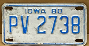 Vintage 1980 Iowa Motorrad Kennzeichen PV 2738 - Bild 1 von 6