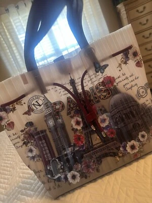 Nikky USA Nicole Lee Large, Tan  Red Handbag Tote Bonjour Paris - Image 1 of 4