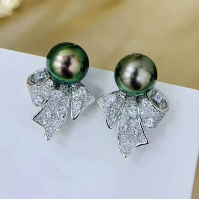 Impresionante 9-10mm Tahitiano Redondo Negro Verde Perla Pendientes 925s (mtrh) Foto 1 de 3