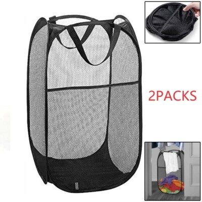 2PCS Collapsible Pop up Laundry Bag Foldable Hamper Large Mesh Clothes Basket US - Image 1 of 4