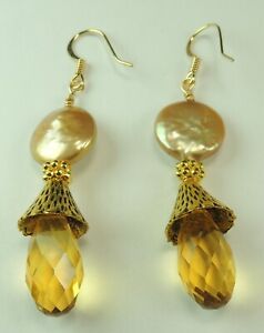 Boucles d'oreilles briolette perle et cristal pièce véritable bijoux faits à la main