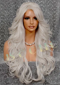 Echthaar Mischung üppige Perücke lockig lang geschichtet Hitze OK hellgrau grau WVE 60 - Bild 1 von 8