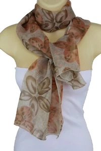 Klassischer beige modischer Damenschal weicher Stoff lang orange Blumen Krawatte Halstuch - Bild 1 von 12