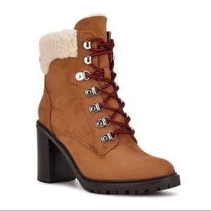 NIB Nine West Peer Sherpa Cuff Ankle Block Heel Boots Brown Size 9 - Picture 1 of 6