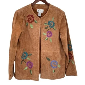 Linea by Louis Dell'Olio Suede Jacket Women Size Large Orange Tan Western Floral - Picture 1 of 10