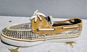 Sperry Top Sider Bahama Gold Sequin Boat Loafers Slip On Women's Shoes Sz 7.5 M - Picture 1 of 15