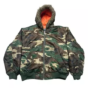 Vintage 90s Bomber Jacket Mens XL Fur Hood Camo Camouflage Full Zip Palm Bay - Picture 1 of 6