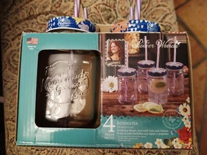 The Pioneer Woman Rosewater/4 drinking Mason Jars 16 Oz with lids and straws. - Picture 1 of 6