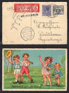 NETHERLANDS 1937 EXPRESS Label on Children Postcard - Picture 1 of 3