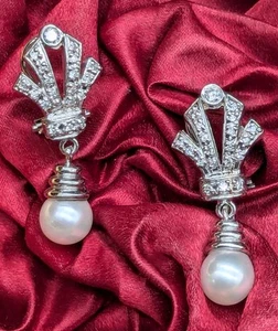 Vtg. Art Deco 14K White Gold Diamonds & Pearl Omega Back Dangle Earrings 6.84g - Picture 1 of 24