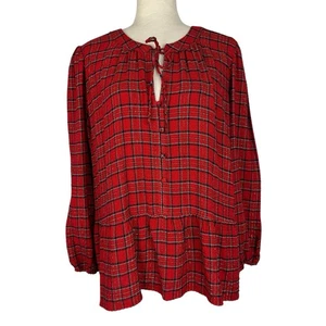Loft Top Women XL Red Metallic Plaid Peplum Ruffle Holiday Christmas Peasant - Picture 1 of 15