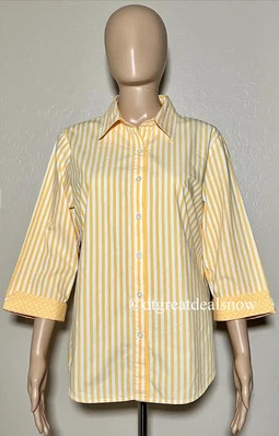 Camisa grande con botones a rayas amarillas hierba limón manga 3/4 informal de negocios Foto 1 de 4