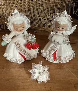 2 Vintage Holt Howard Weihnachten Mädchen Engel Muff Glocken Kerzenhalter Spaghettiborte - Bild 1 von 5