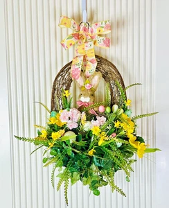 Frühling Ostern Deko für Haustür Frühlingsdekor Sisal Hase Kranz Frühlingsstrauß - Bild 1 von 6