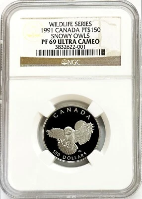 1991 PLATINUM CANADA $150 WILDLIFE SNOWY OWLS 1/2 OZ NGC PROOF 69 ULTRA CAMEO - Image 1 of 3