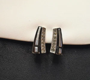 VINTAGE 1960/70er Aufsteck OHRRINGE silberfarben Diamant/Emaille Art Deco Stil. - Bild 1 von 12