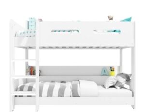 White bunk bed with built-in shelving