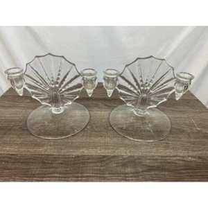 Art Deco Double Candle Holders Set of 2 Clear glass - Picture 1 of 7