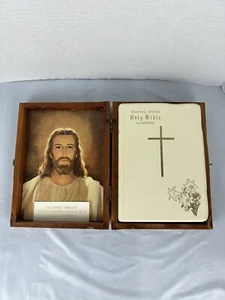 Vtg 1950 Memorial Edition HOLY BIBLE Illustrated Catholic Edition With Wood Box - Picture 1 of 8