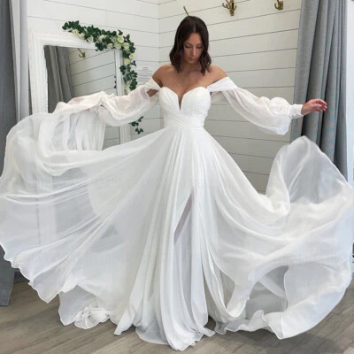 Chiffon Wedding Dresses Pleat Full Sleeves Long Bridal Gowns A-Line Lace Up - Image 1 of 4