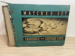 NOS Pyrex 123-723-B Clear Glass Casserole Dish & 6 Custard Cups 445 - Picture 1 of 14