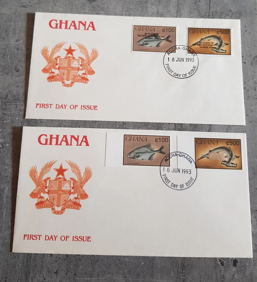 GHANA 2 FDC FISHES OVERPRINT "35 YEARS OF ROTARY INTERNATIONAL GHANA 1958" - Image 1 of 1
