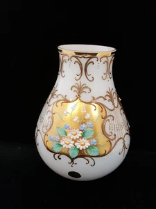 Vintage handblown vase Bohemia crystal Czech enameled flowers gilt accents - Picture 1 of 15