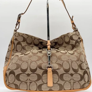 COACH 6091 Shoulder Bag Beige x Khaki Signature Canvas Leather Trim Hobo Style/ - Picture 1 of 12