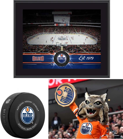 Oilers Young Collectors Bundle w/Plaque, Model Puck & UnSigned 8x10 Photo Cover