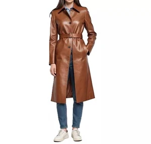 Women Tan Brown Leather Trench Long Coat 100% Real Lambskin Soft Leather Jacket - Picture 1 of 7