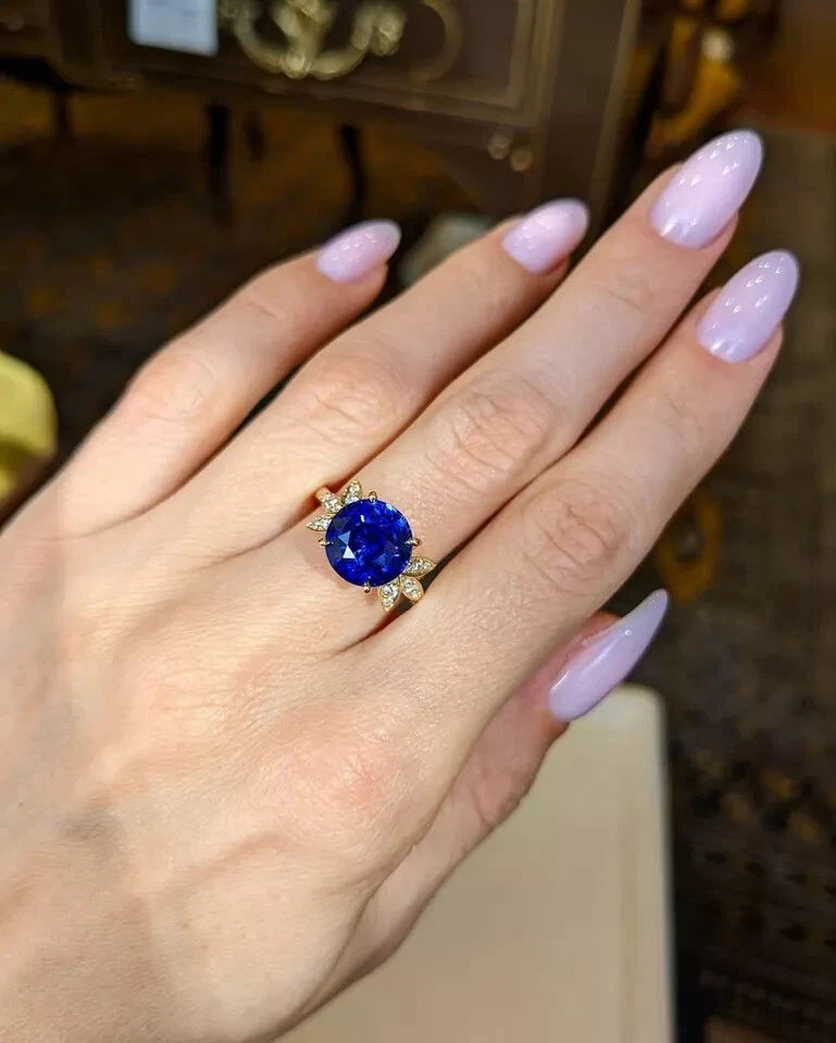 Round Cut 3.54Ct Natural Sapphire Diamond Engagement Ring 18K Yellow Gold 7.5 8 - Image 1 of 4