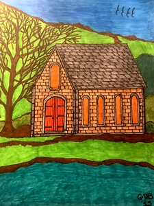 Orange Stone House On A River Bank Architecture Design USA Town Drawing Artwork - Picture 1 of 8