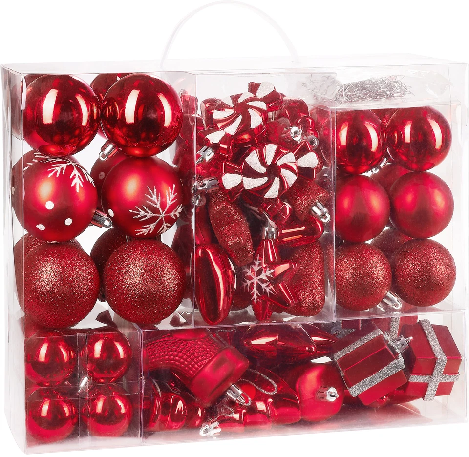 BRUBAKER 77-Piece Christmas Ornaments Set Shatterproof Red Silver Tree Decor