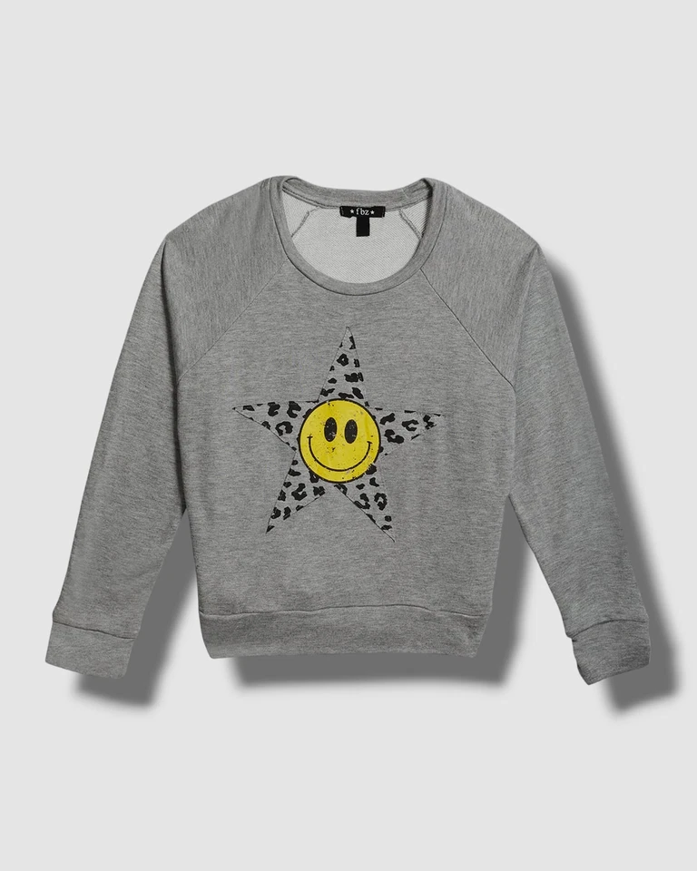$76 Flowers By Zoe Girls Gray Long-Sleeve Happy Face Sweatshirt Sweater Size S - Image 1 of 4