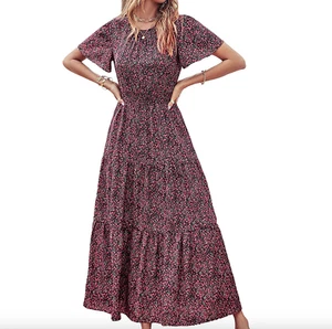 New HUBERY Women Printed Tiered Pleated Round Neck Short Sleeve Max Dress S - Picture 1 of 3