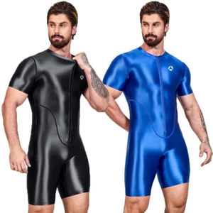 AMORESY Men Oil Satin Tracksuits Running Short Sleeve Bodysuits Fitness Leotards - Picture 1 of 29