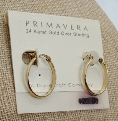 DANECRAFT HOOP EARRINGS 24k GOLD OVER STERLING SILVER ON CARD NOS VINTAGE - Image 1 of 4