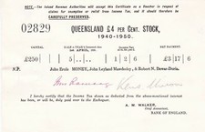 Queensland £4 per Cent, Stock 1940-1950 Bank of England Certificate Ref 45811