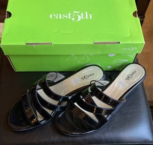 East 5th womens 7.5W Evie Black Patent Leather Strappy Slides NEW - Picture 1 of 5