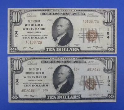 (Set of 2) 1929 $10 Type 1 and Type 2 National Currency Wilkes Barre PA Ch. #104 - Image 1 of 2
