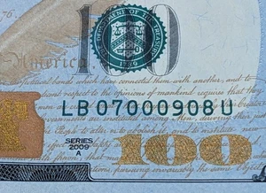 US $100 Dollar Bill 2009 Fancy Serial # 07000908 - Picture 1 of 6