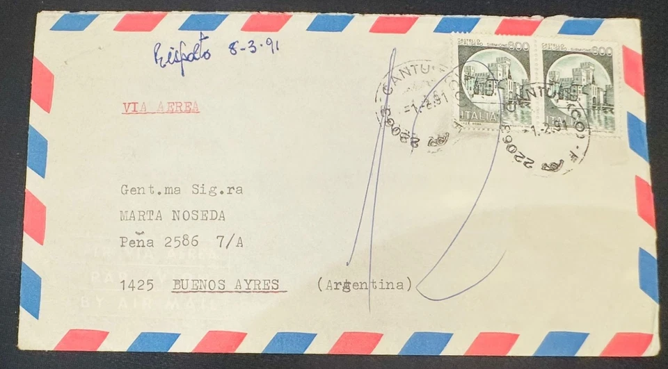 CM) 1991. ITALY. ANCIENT CASTLE. COVER MAILED TO ARGENTINA. XF - Image 1 of 1