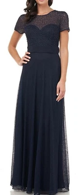 NWT JS Collections Illusion Neck Short Sleeve Beaded Bodice Gown Navy Size 8 - Image 1 of 4