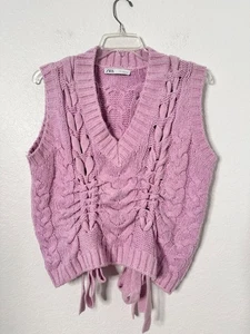 Zara Flieder Strick Zopfmuster Grobstrick Damen Pullover Weste mit verstellbaren Bindedetails Größe M - Bild 1 von 4