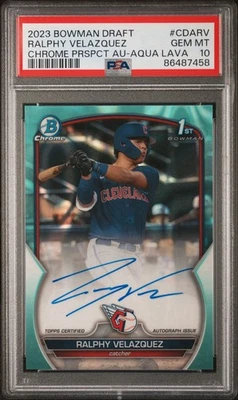 2023 RALPHY VELAZQUEZ BOWMAN DRAFT CHROME AUTO AQUA LAVA /199 PSA 10 GEM 1ST - Image 1 of 3