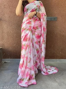 Nueva blusa sari estampada floral rosa Georgette blanca para mujer piezas - Imagen 1 de 5