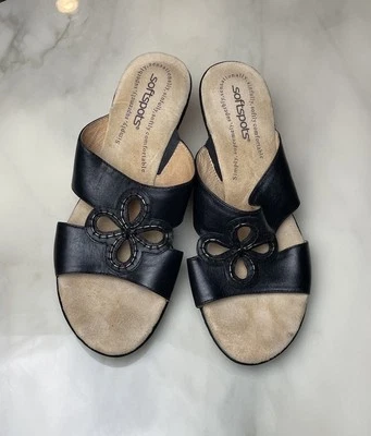 Women’s Size 9 Softspots Black Open Toe Sandal Slip On Wedge Small Heel *READ* - Image 1 of 4