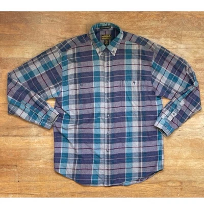 Camisa masculina xadrez flanela vintage tamanho grande década de 1990 Eddie Bauer algodão roxo/azulado - Imagem 1 de 4